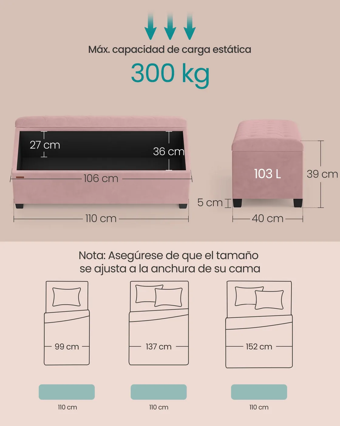 SONGMICS Banco Baúl con Almacenaje 110 cm, imagen 3
