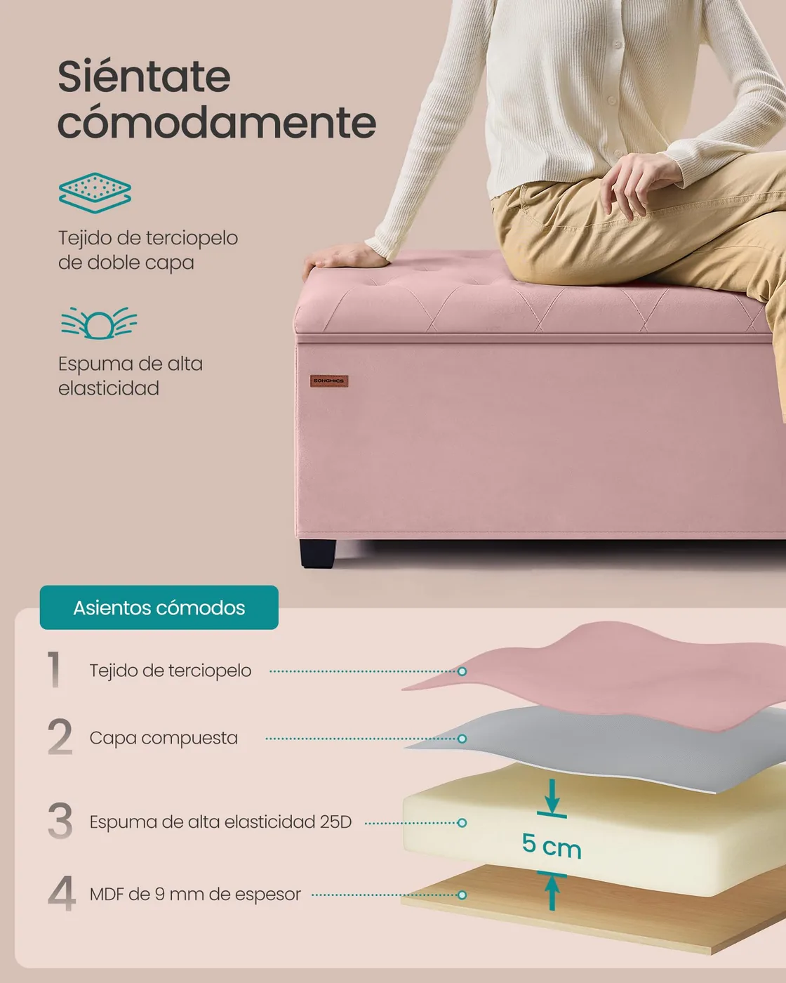 SONGMICS Banco Baúl con Almacenaje 110 cm, imagen 5