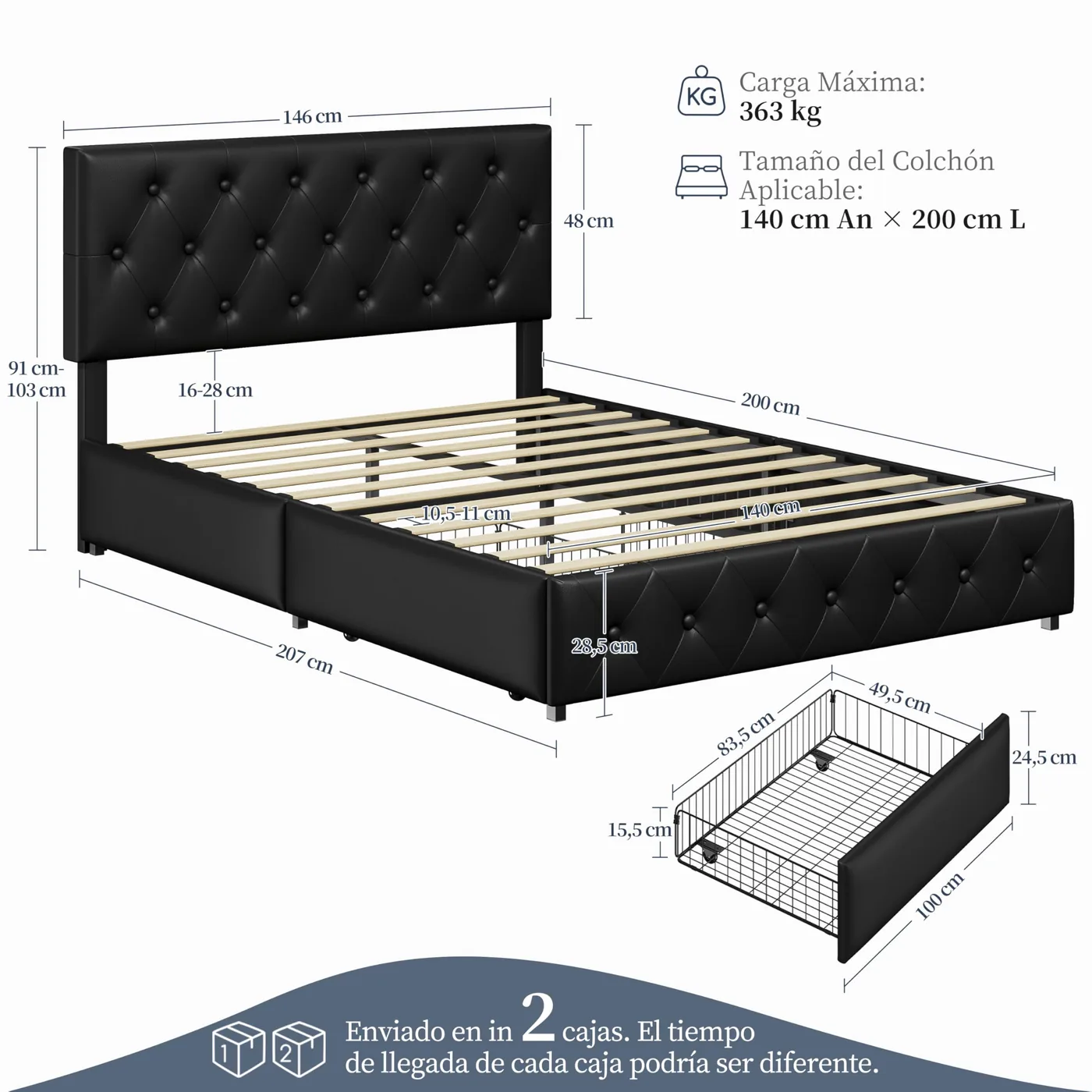 Yaheetech Cama con 4 Cajones 140 × 200 cm, imagen 2