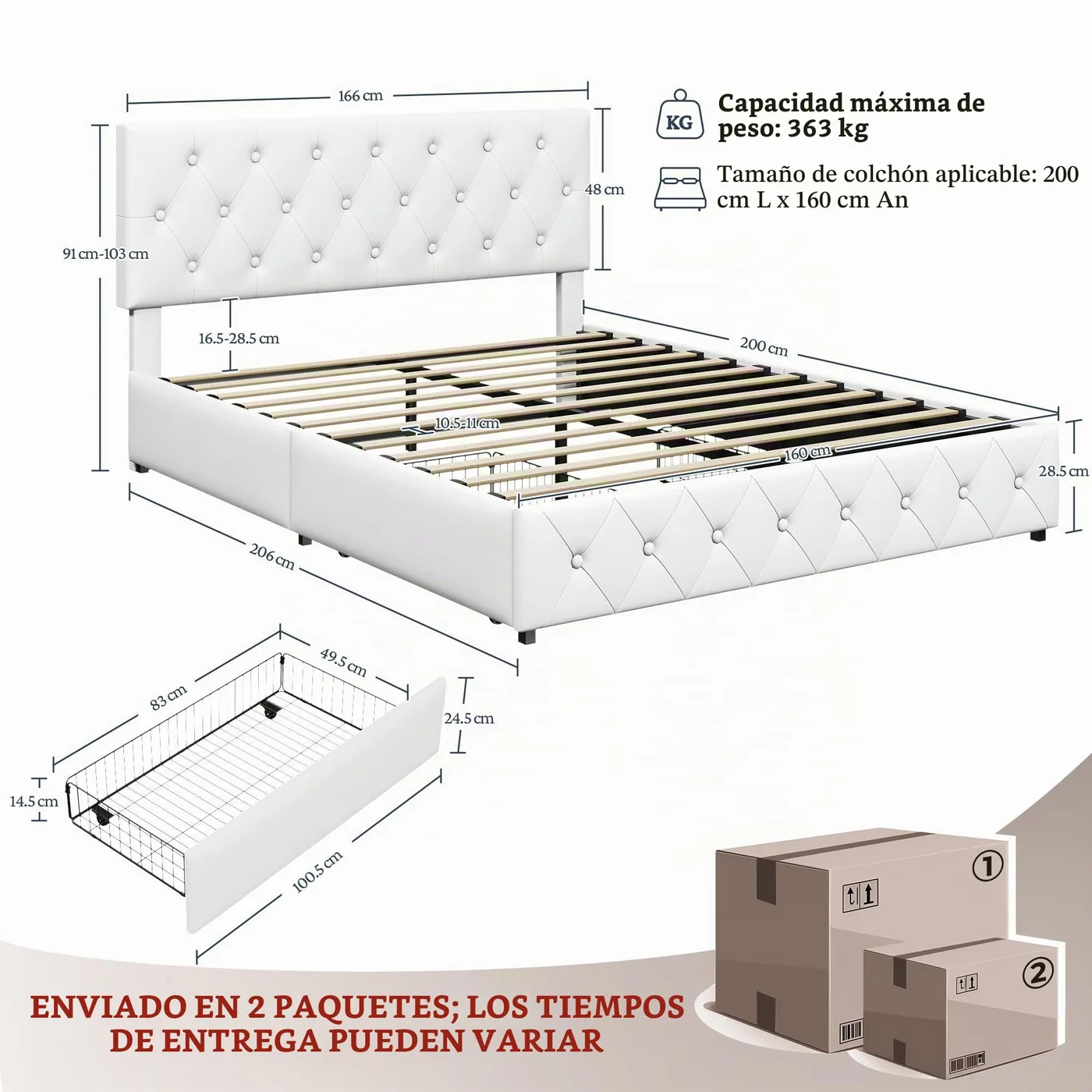 Yaheetech Cama Acolchada con Almacenaje 160 × 200 cm, imagen 2